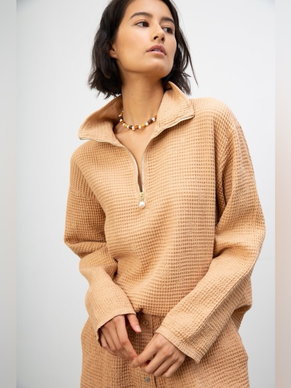 DONNI. Waffle 1/2 Zip Pullover - Latte - Picture 2 of 10